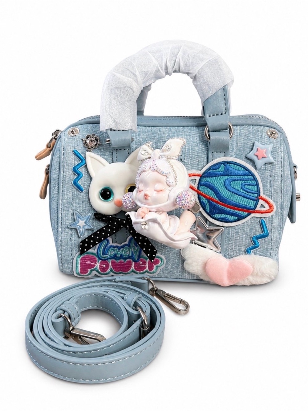 Pop mart SKULLPANDA figurine customized Blue Decorative Denim Crossbody Bag